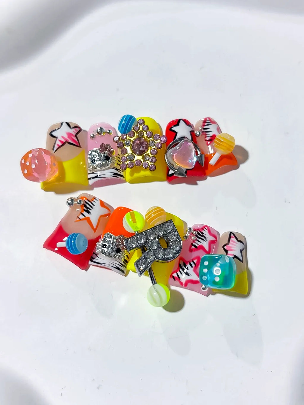 Orange Pink Yellow Red Silver Abstract Star Letter Flower Rhinestone 3D press on nails detail view