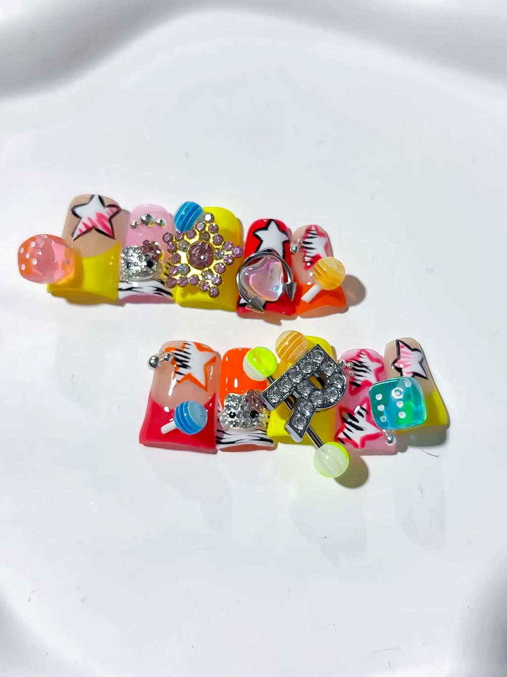 Orange Pink Yellow Red Silver Abstract Star Letter Flower Rhinestone 3D press on nails detail view