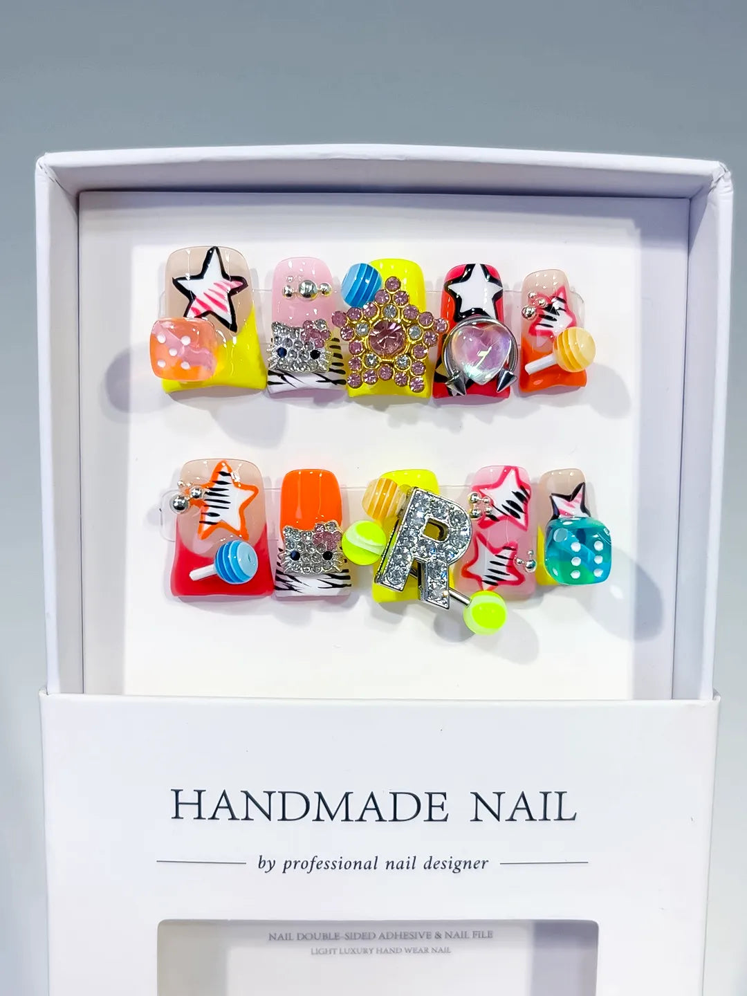 Orange Pink Yellow Red Silver Abstract Star Letter Flower Rhinestone 3D press on nails full set view