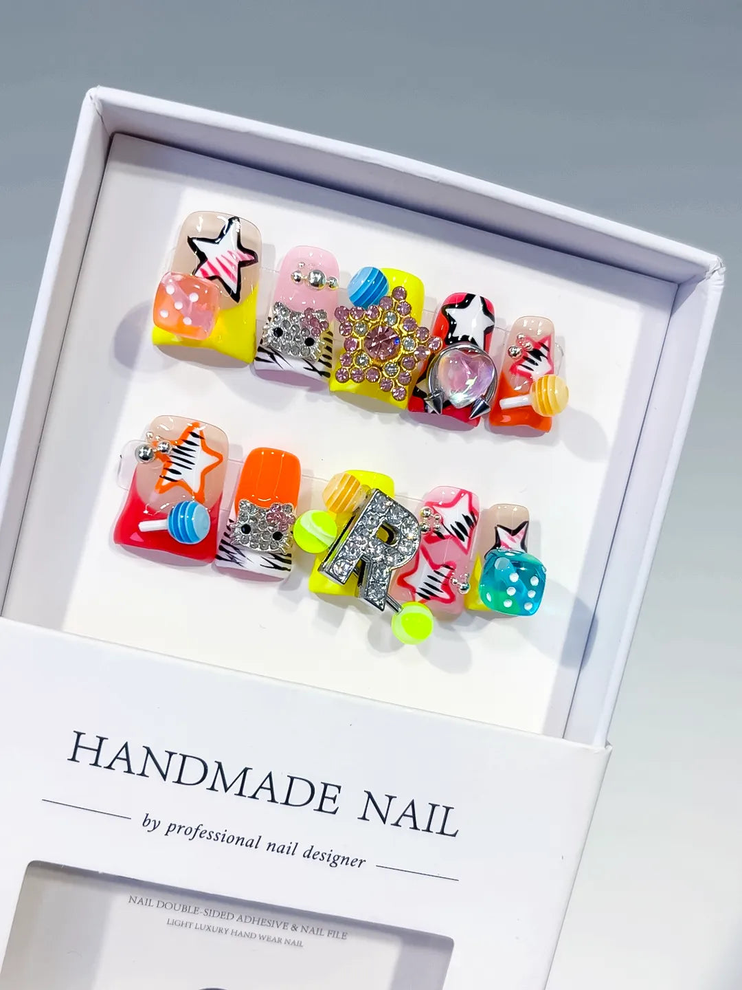 Orange Pink Yellow Red Silver Abstract Star Letter Flower Rhinestone 3D press on nails