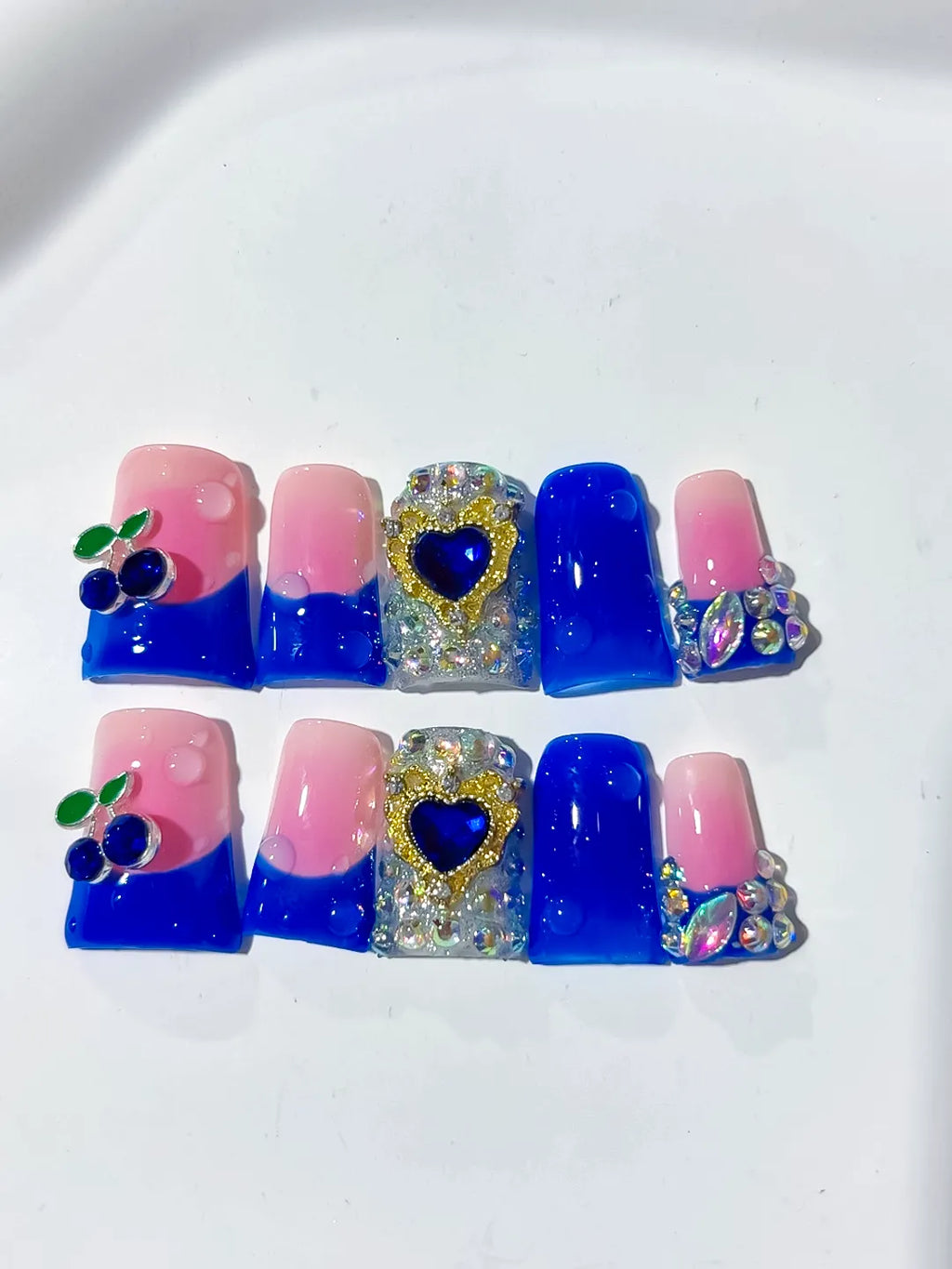Pink Blue Purple Silver Ombre Heart Rhinestone press on nails detail view