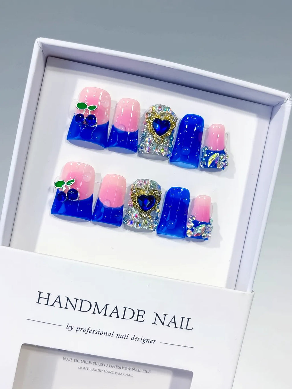 Pink Blue Purple Silver Ombre Heart Rhinestone press on nails