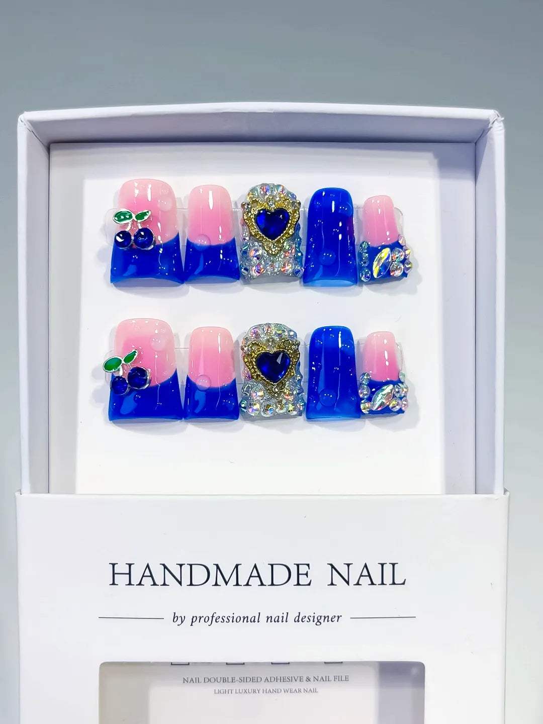 Pink Blue Purple Silver Ombre Heart Rhinestone press on nails full set view
