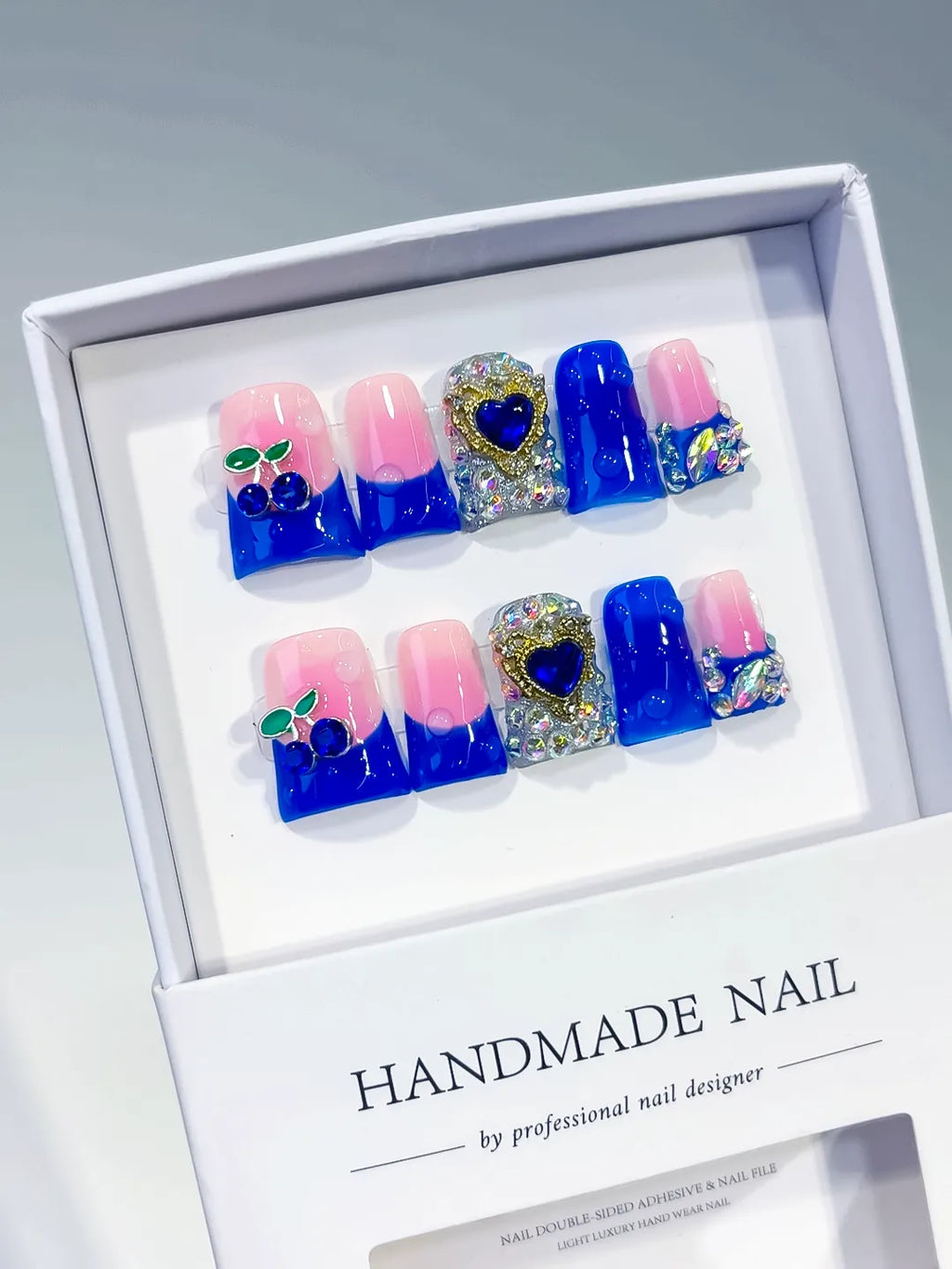 Pink Blue Purple Silver Ombre Heart Rhinestone press on nails angled view