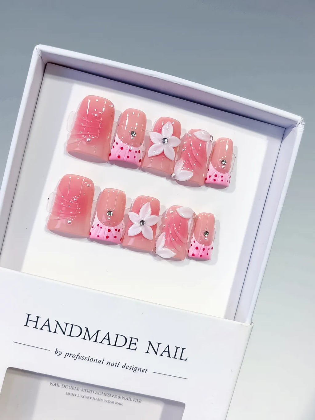 Pink White Silver Abstract Bow Heart Flower Rhinestone 3D press on nails