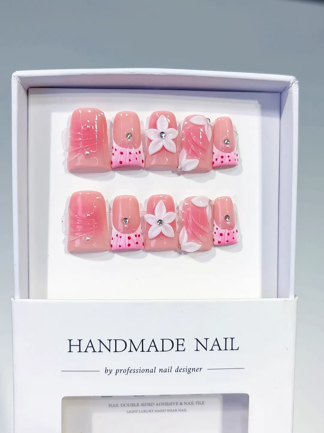 Pink White Silver Abstract Bow Heart Flower Rhinestone 3D press on nails full set view