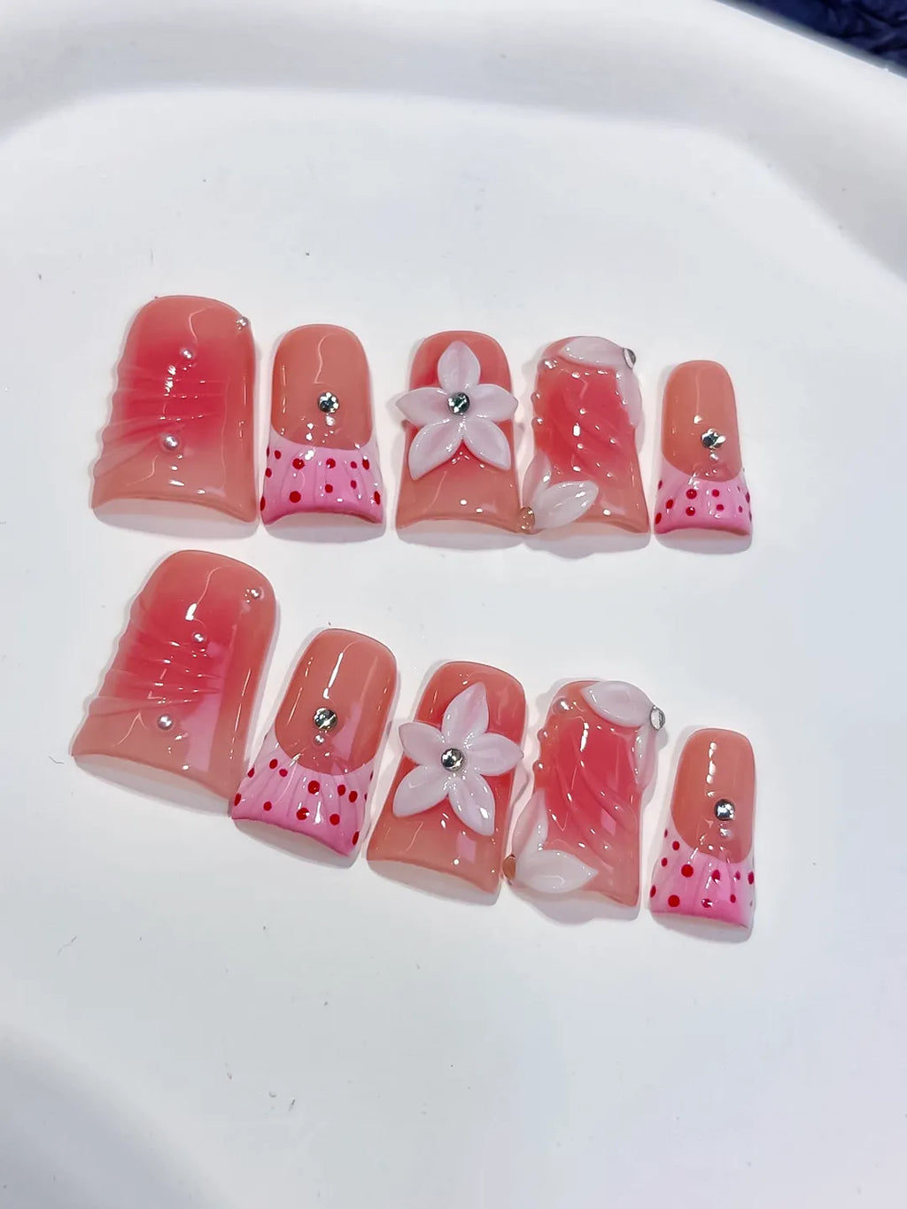 Pink White Silver Abstract Bow Heart Flower Rhinestone 3D press on nails detail view