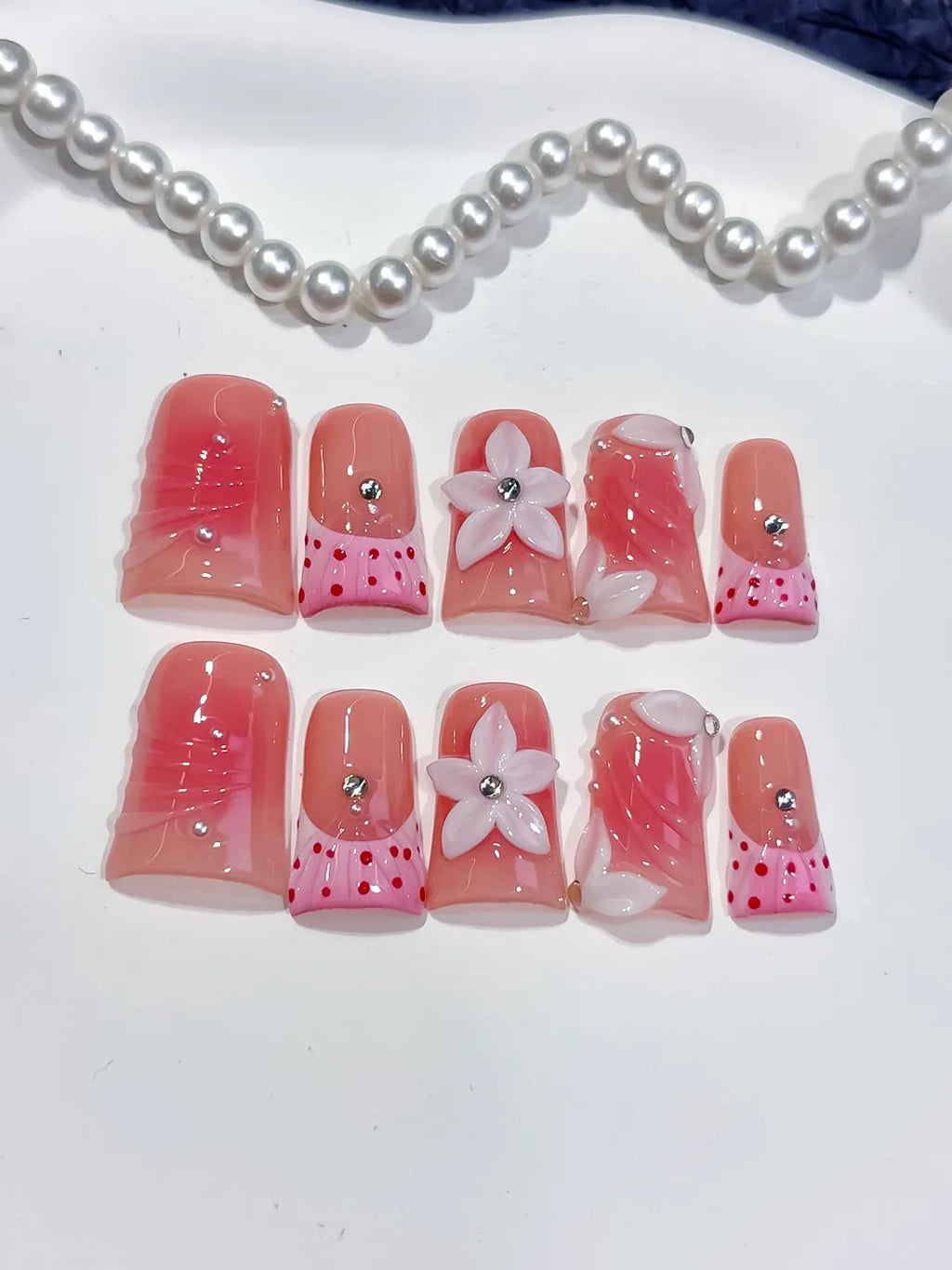 Pink White Silver Abstract Bow Heart Flower Rhinestone 3D press on nails detail view