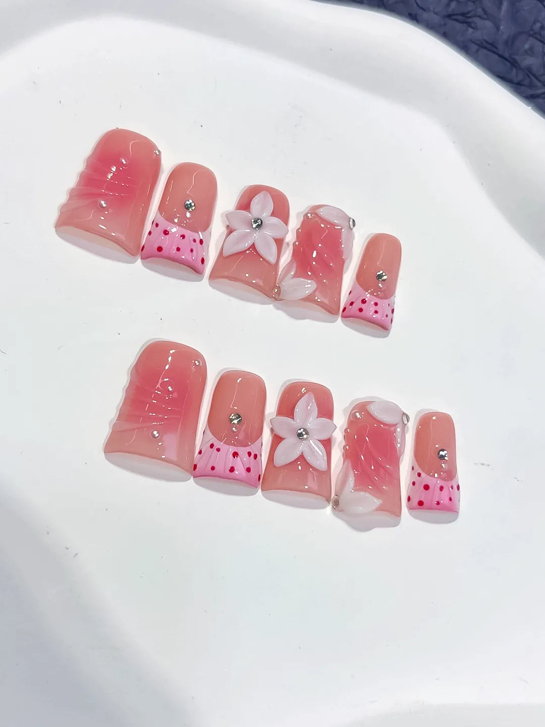 Pink White Silver Abstract Bow Heart Flower Rhinestone 3D press on nails close up