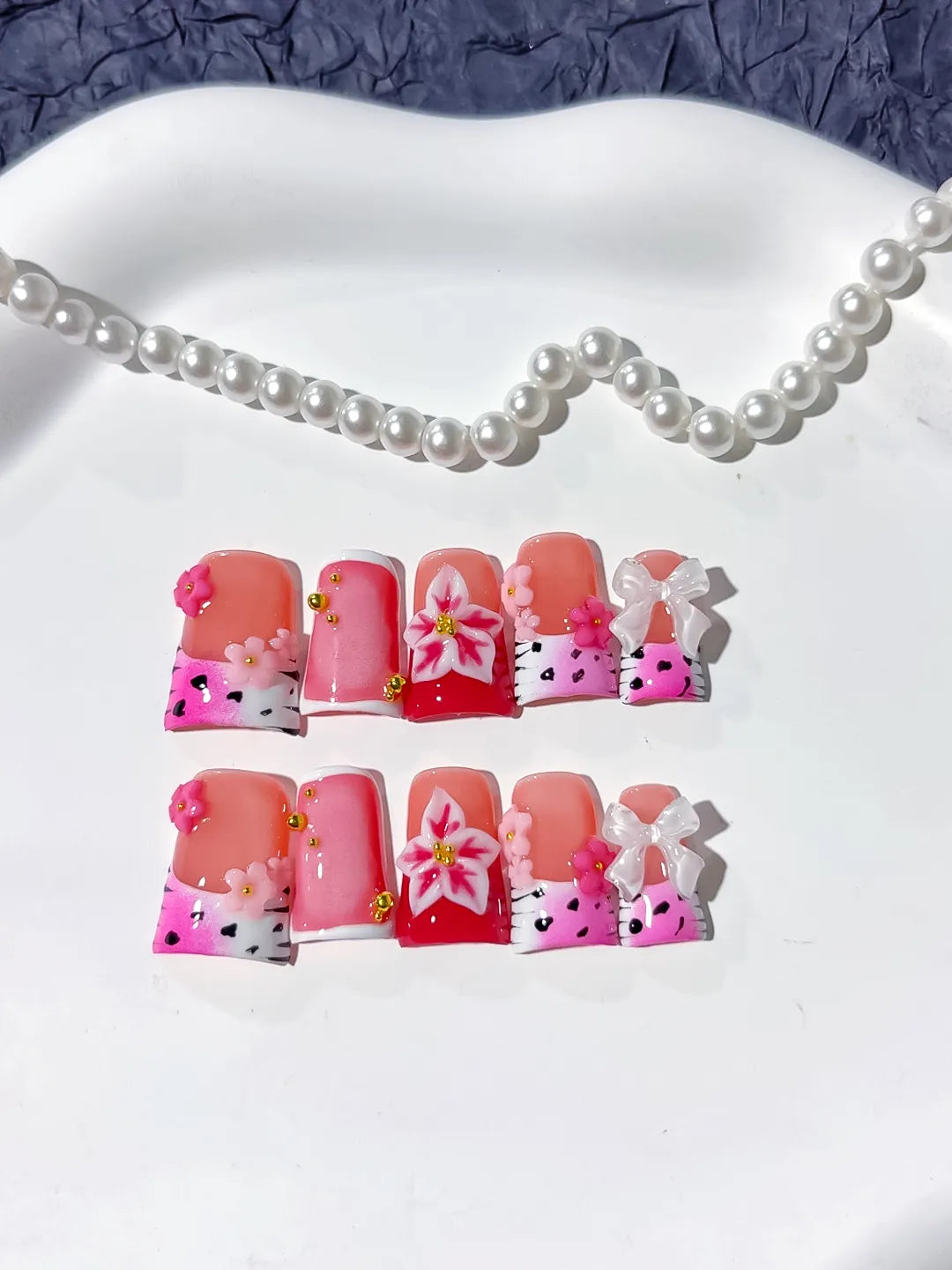 Pink White Red Silver Abstract Heart Hello Kitty Bow Rhinestone 3D press on nails close up