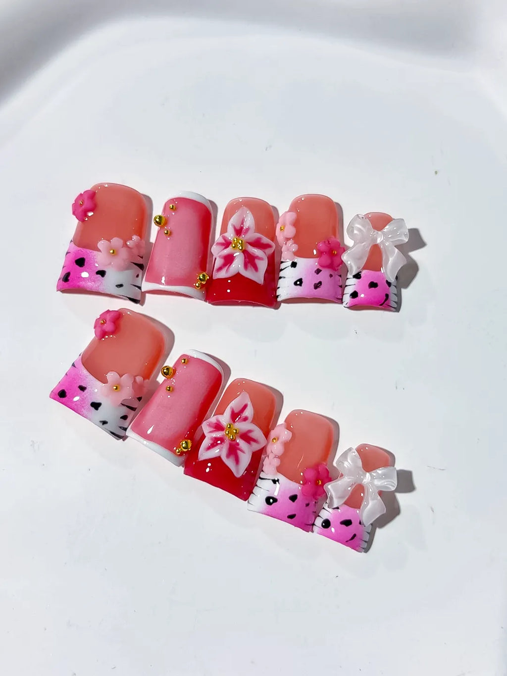 Pink White Red Silver Abstract Heart Hello Kitty Bow Rhinestone 3D press on nails detail view