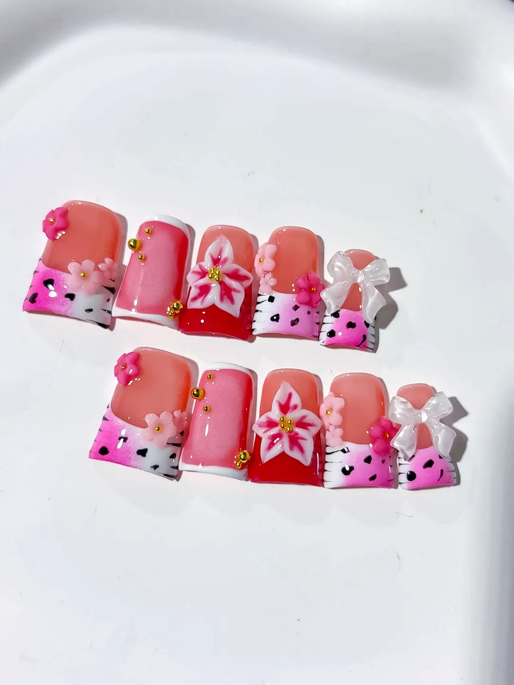 Pink White Red Silver Abstract Heart Hello Kitty Bow Rhinestone 3D press on nails detail view