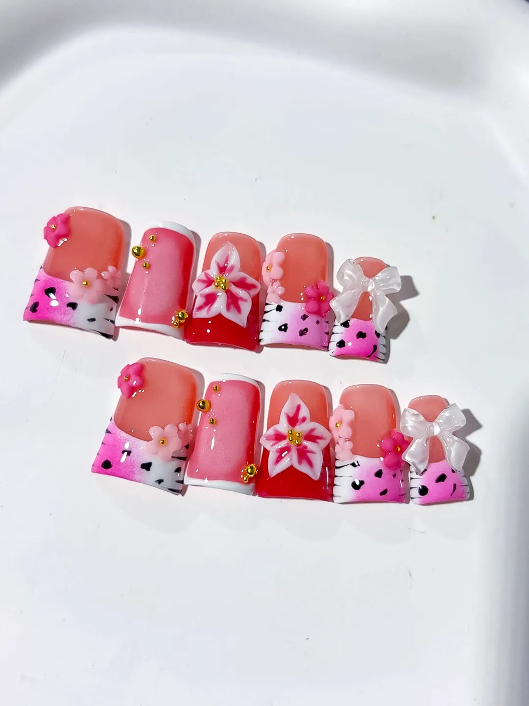 Pink White Red Silver Abstract Heart Hello Kitty Bow Rhinestone 3D press on nails detail view
