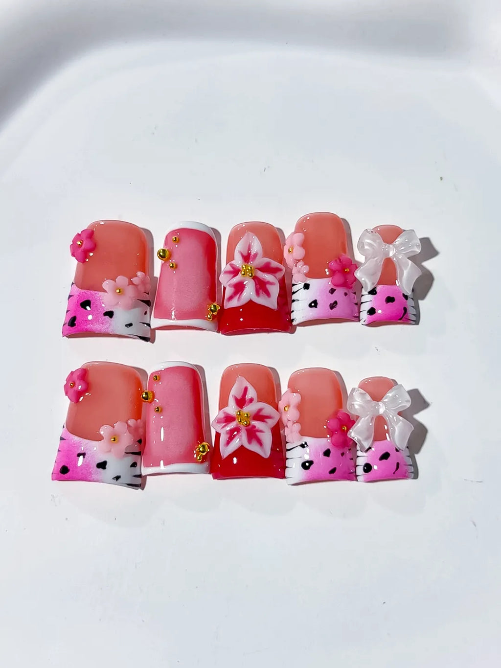 Pink White Red Silver Abstract Heart Hello Kitty Bow Rhinestone 3D press on nails detail view