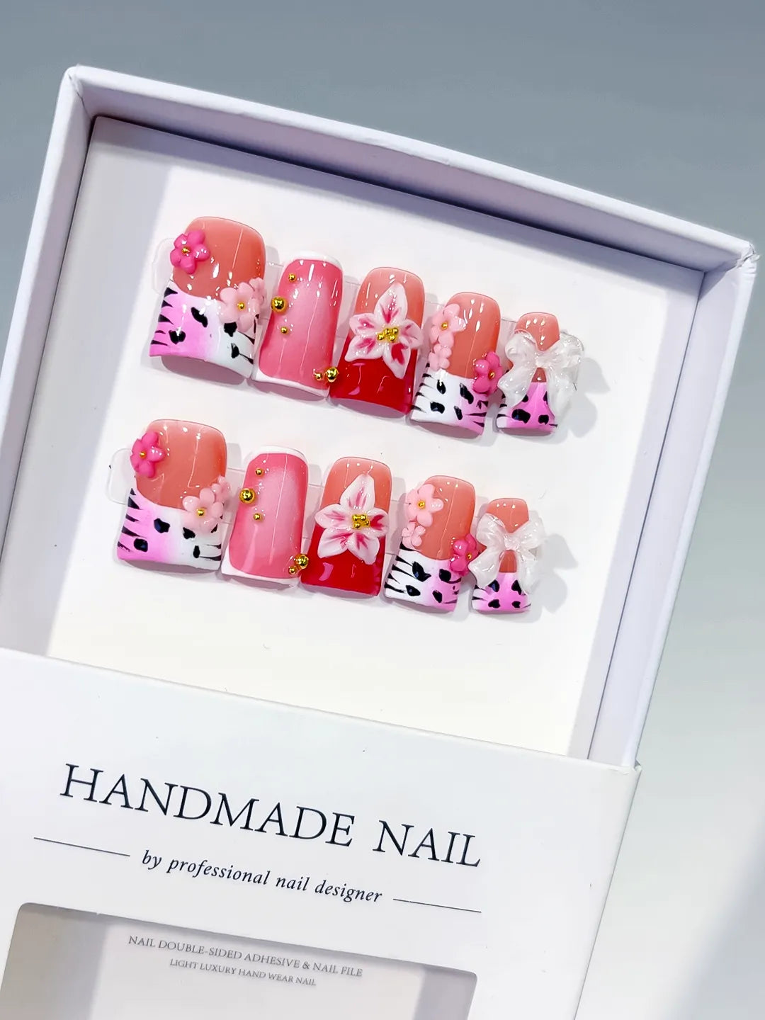 Pink White Red Silver Abstract Heart Hello Kitty Bow Rhinestone 3D press on nails