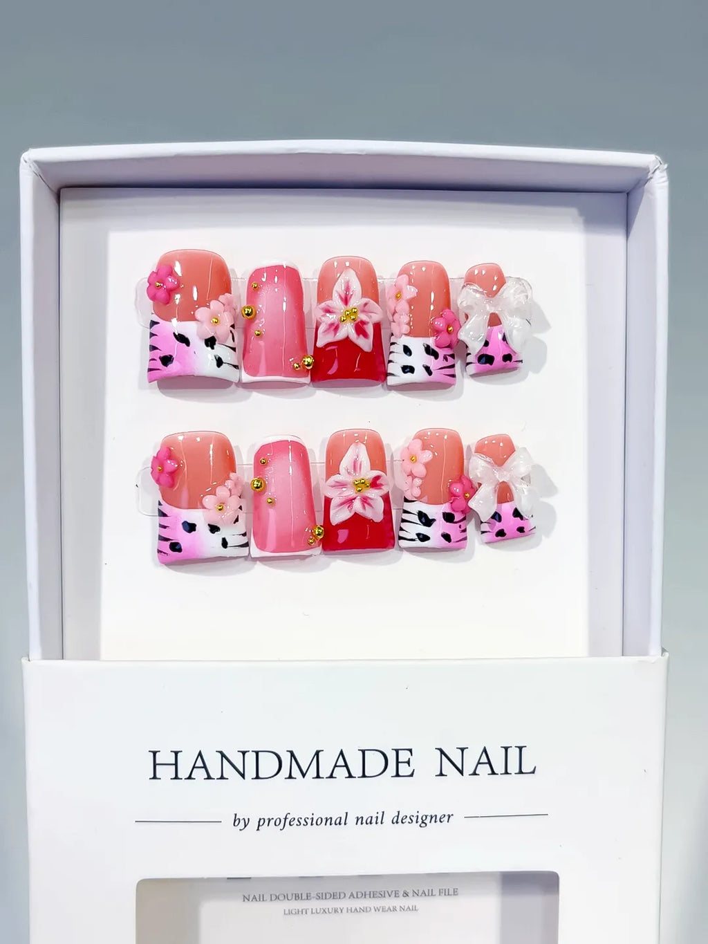Pink White Red Silver Abstract Heart Hello Kitty Bow Rhinestone 3D press on nails full set view