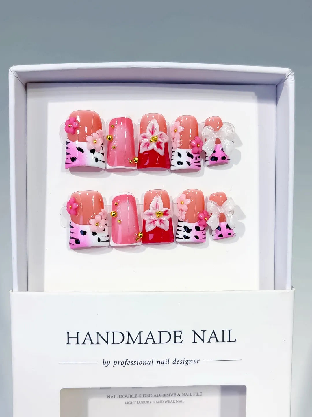 Pink White Red Silver Abstract Heart Hello Kitty Bow Rhinestone 3D press on nails full set view