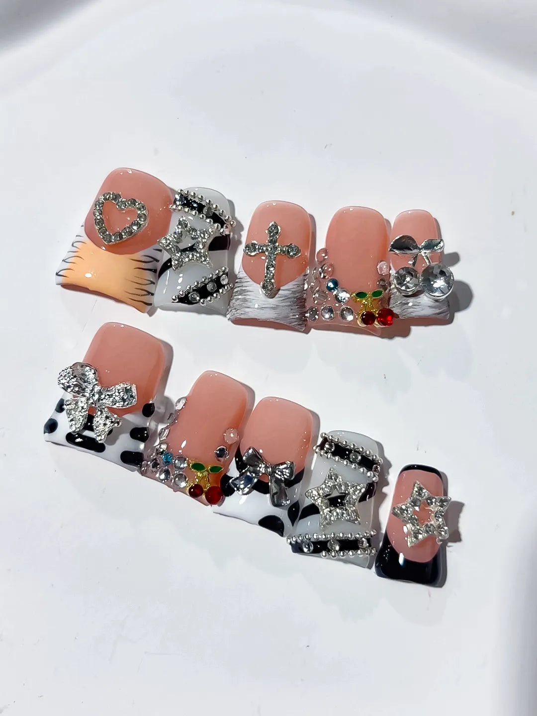 Nude Black White Silver Abstract Bow Heart Cross Cherry Rhinestone press on nails close up