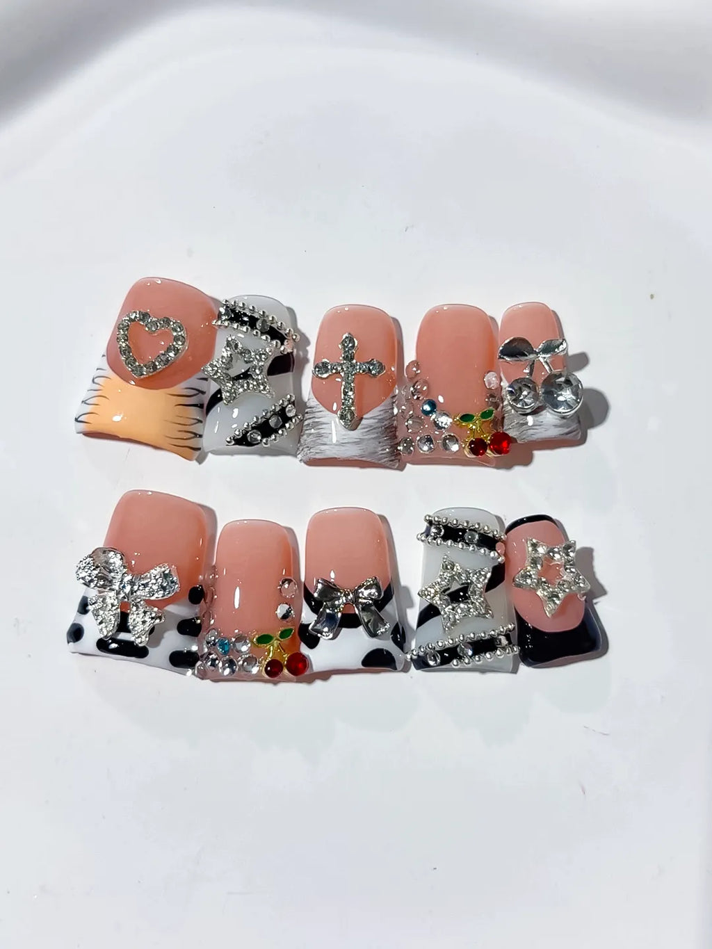 Nude Black White Silver Abstract Bow Heart Cross Cherry Rhinestone press on nails detail view