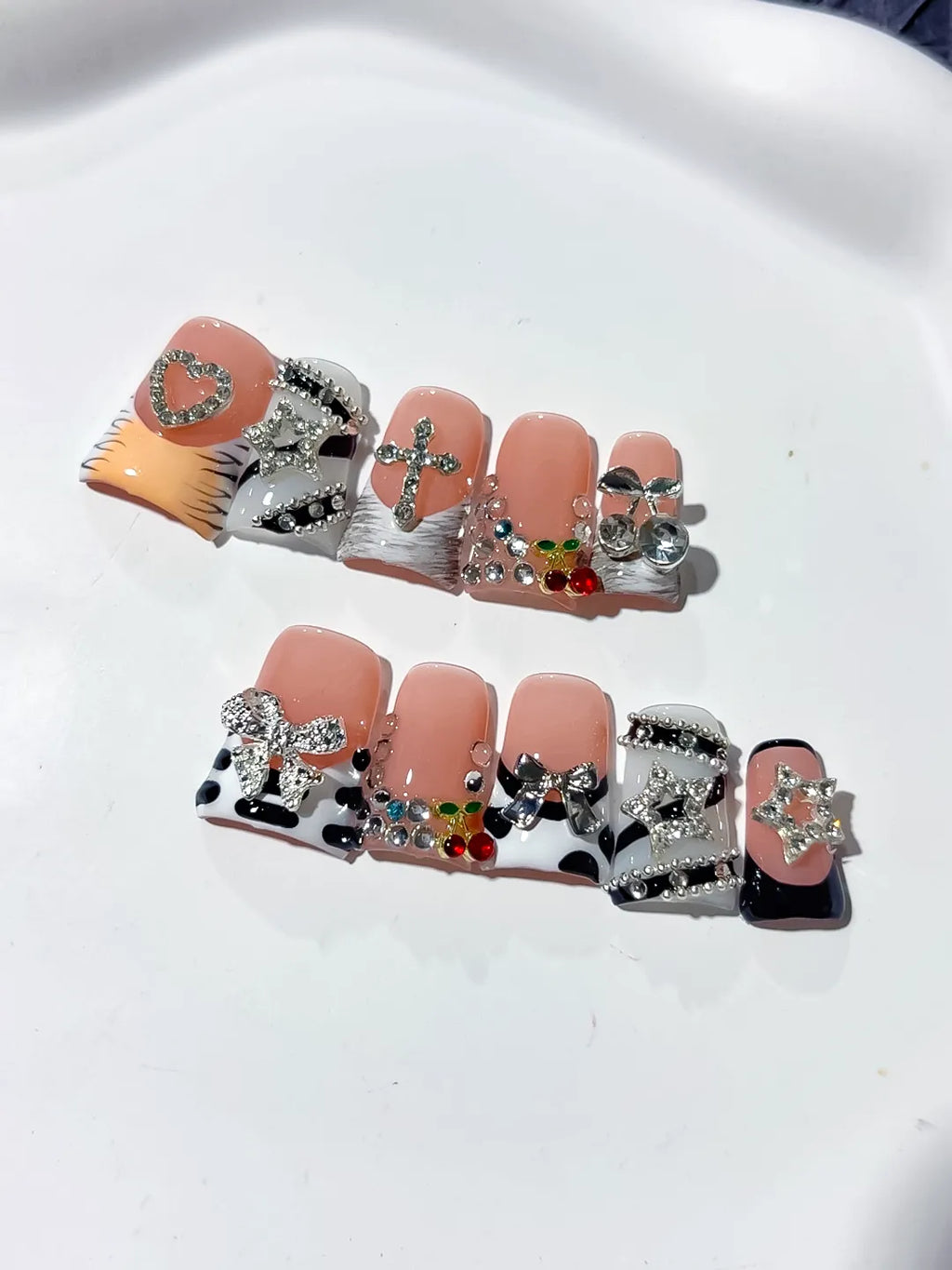 Nude Black White Silver Abstract Bow Heart Cross Cherry Rhinestone press on nails detail view