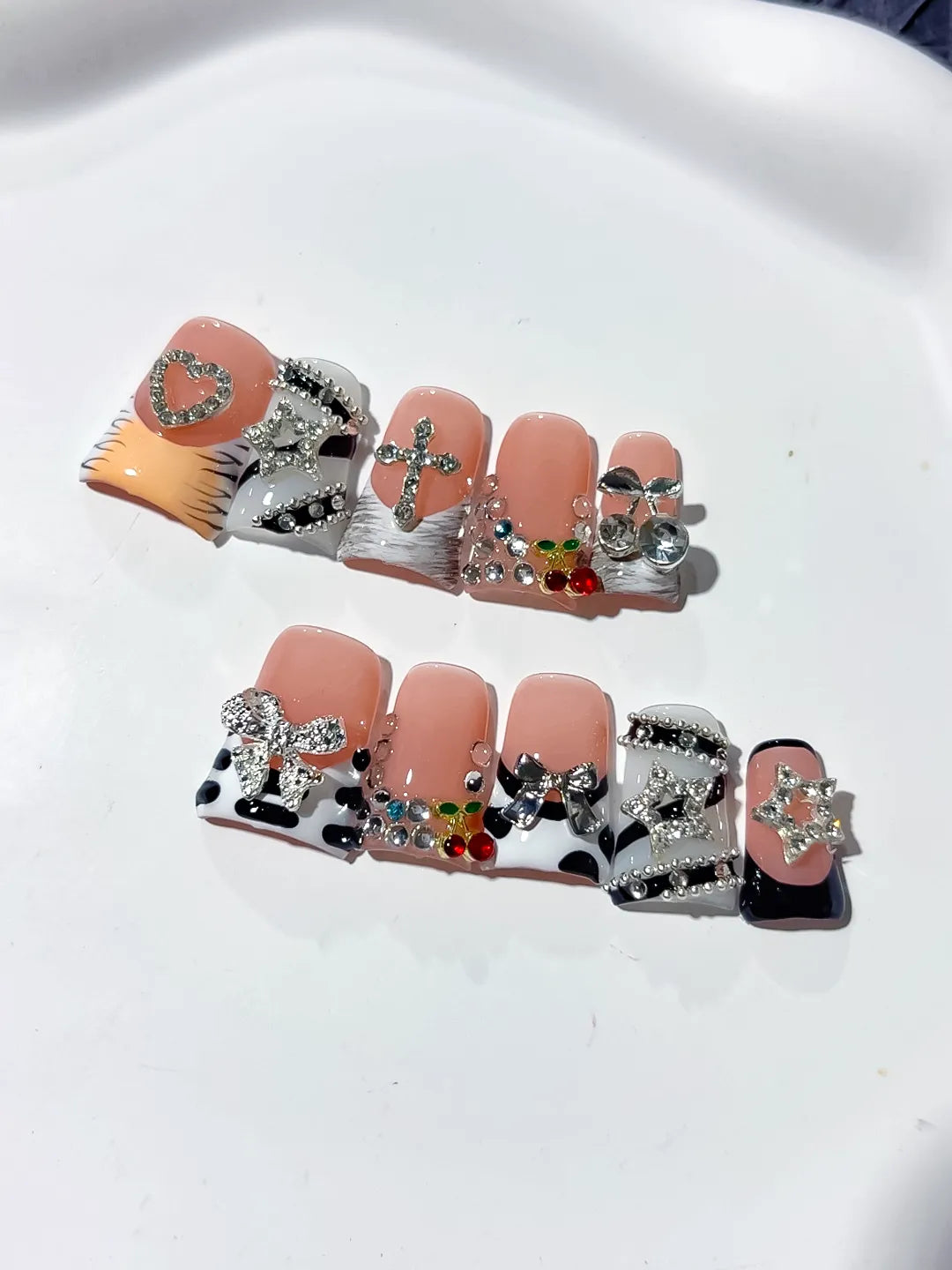 Nude Black White Silver Abstract Bow Heart Cross Cherry Rhinestone press on nails detail view