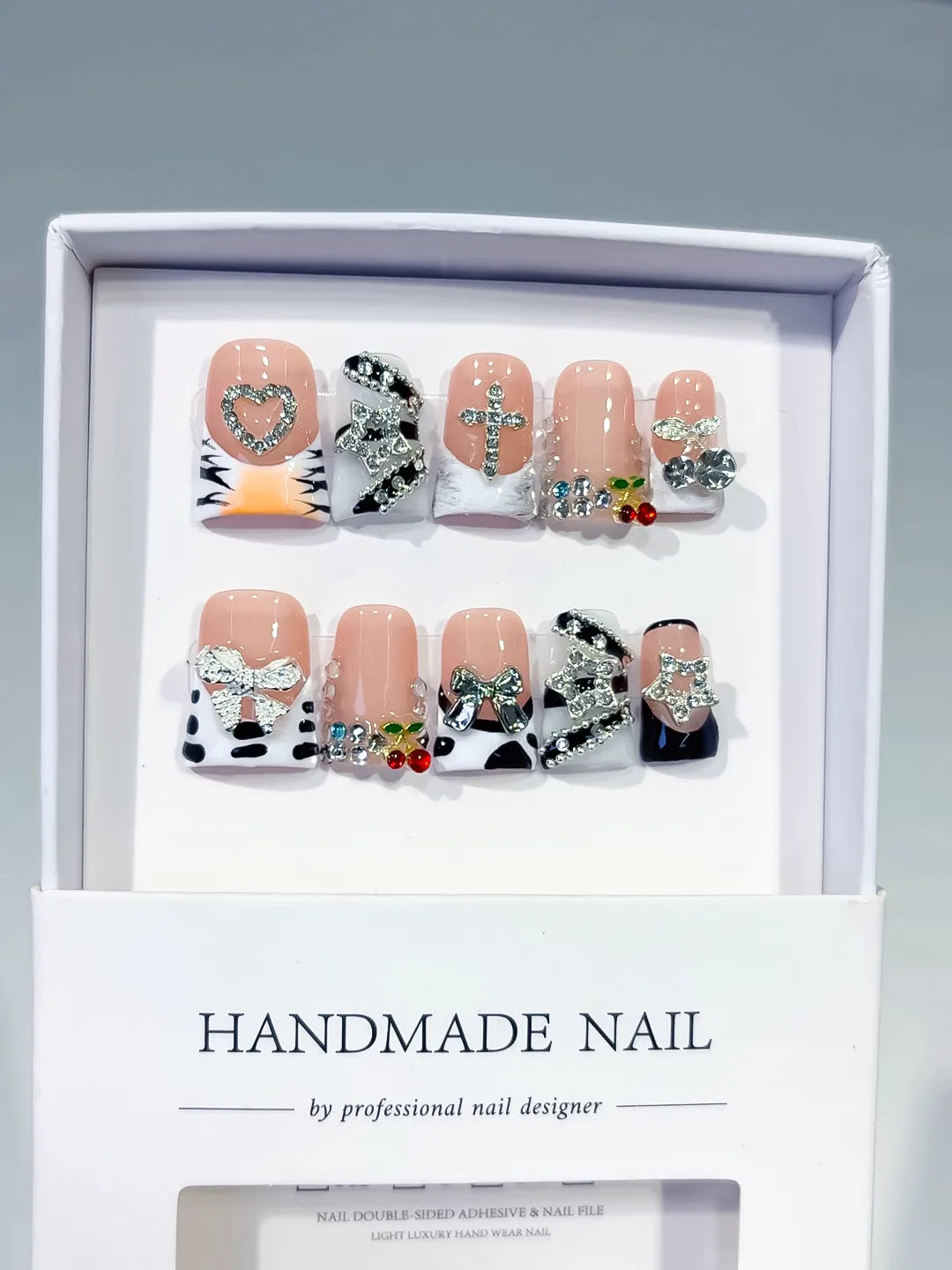 Nude Black White Silver Abstract Bow Heart Cross Cherry Rhinestone press on nails full set view