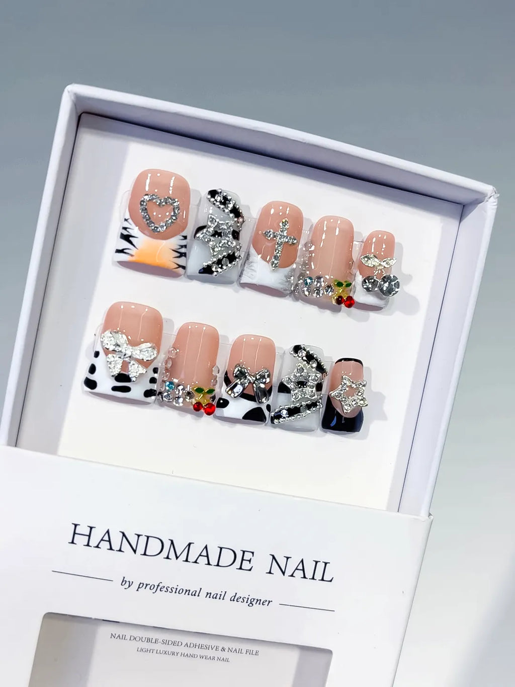 Nude Black White Silver Abstract Bow Heart Cross Cherry Rhinestone press on nails