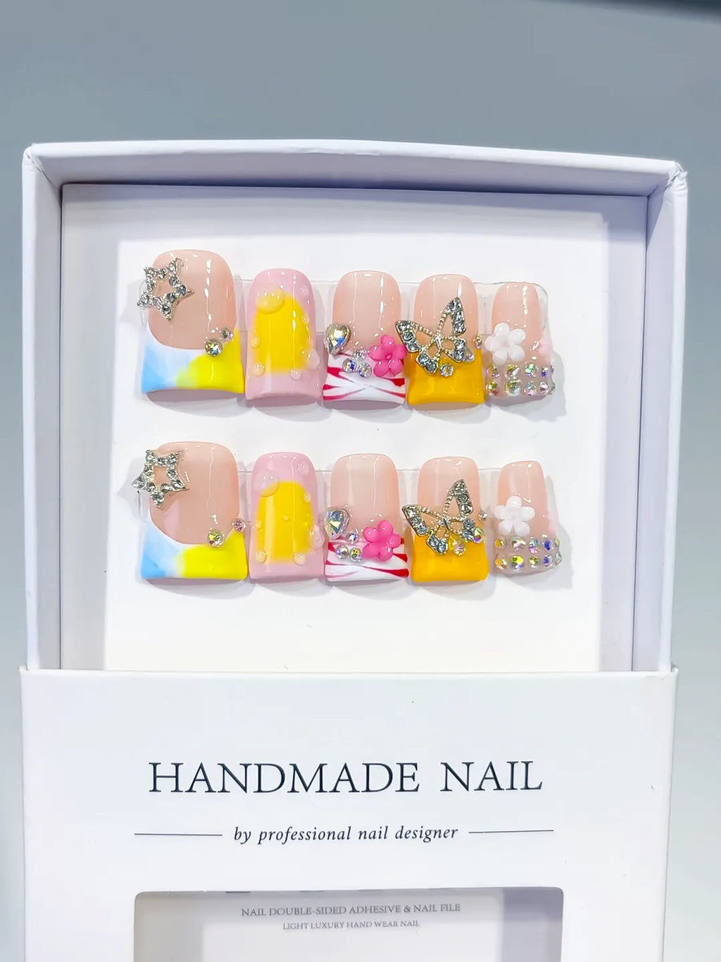 Nude Yellow White Gold Abstract Flower Heart Rhinestone press on nails full set view