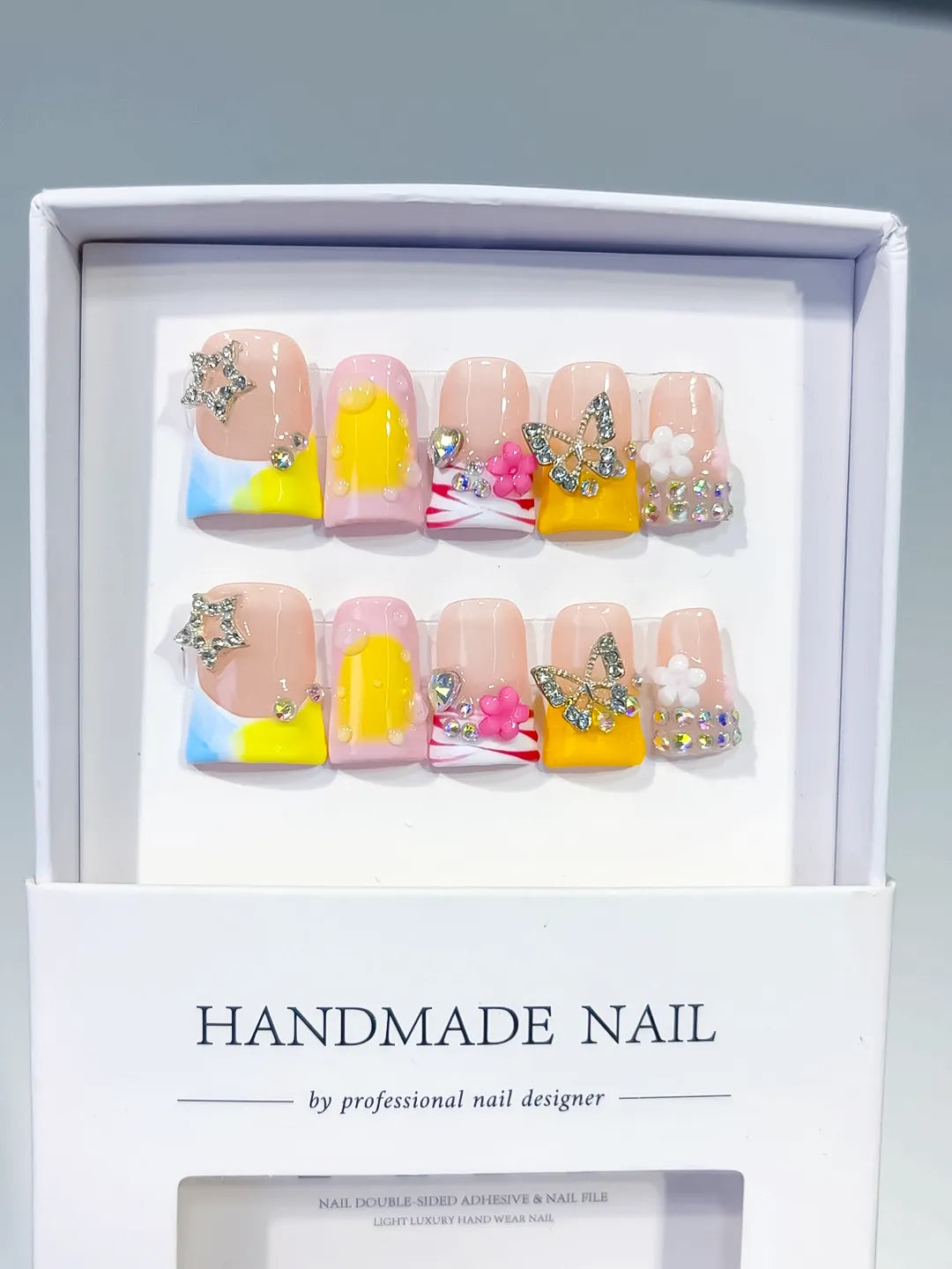 Nude Yellow White Gold Abstract Flower Heart Rhinestone press on nails full set view