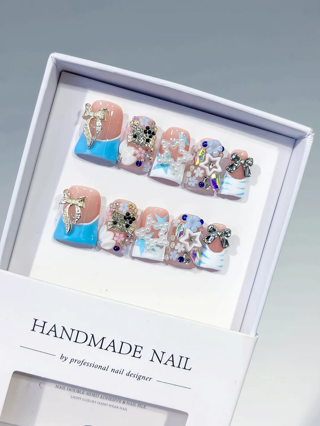 Nude Blue White Silver Abstract Bow Flower Star Rhinestone 3D press on nails