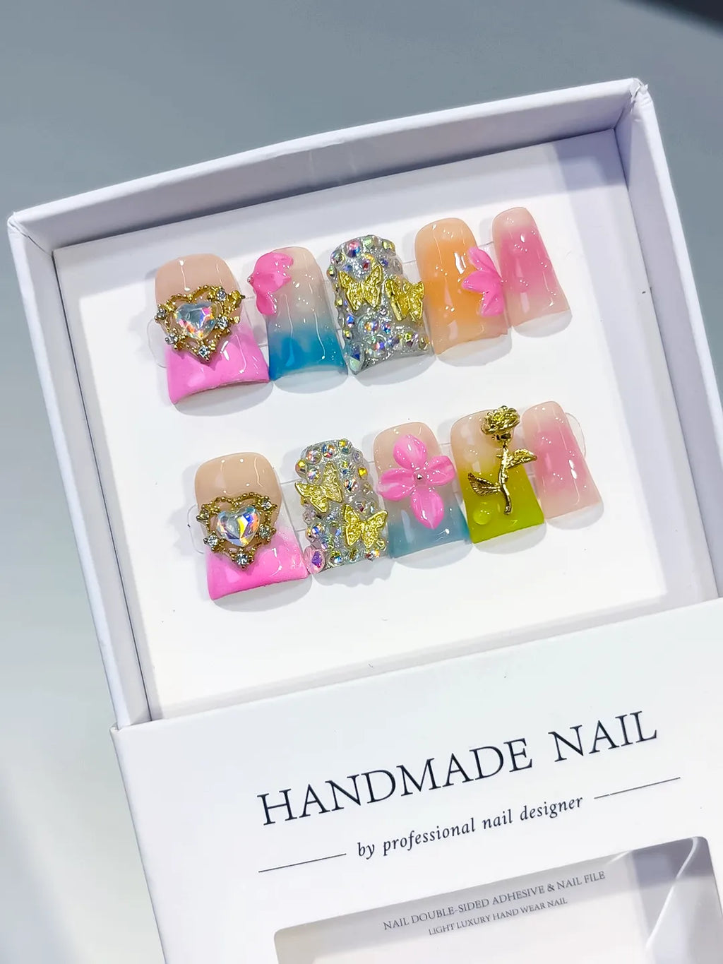 Nude Pink Blue Green Gold Silver Abstract Heart Flower Rose Rhinestone press on nails angled view