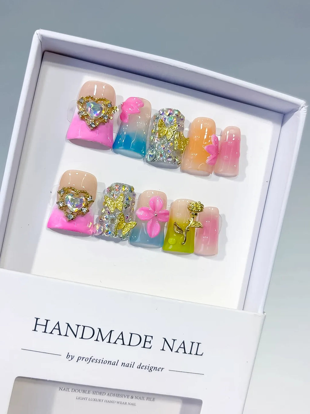 Nude Pink Blue Green Gold Silver Abstract Heart Flower Rose Rhinestone press on nails
