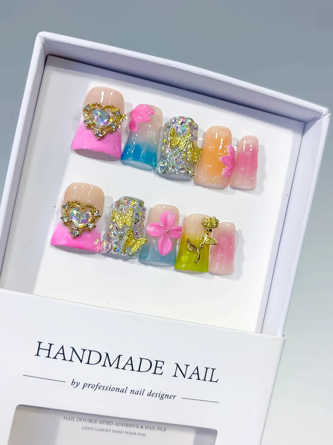 Nude Pink Blue Green Gold Silver Abstract Heart Flower Rose Rhinestone press on nails