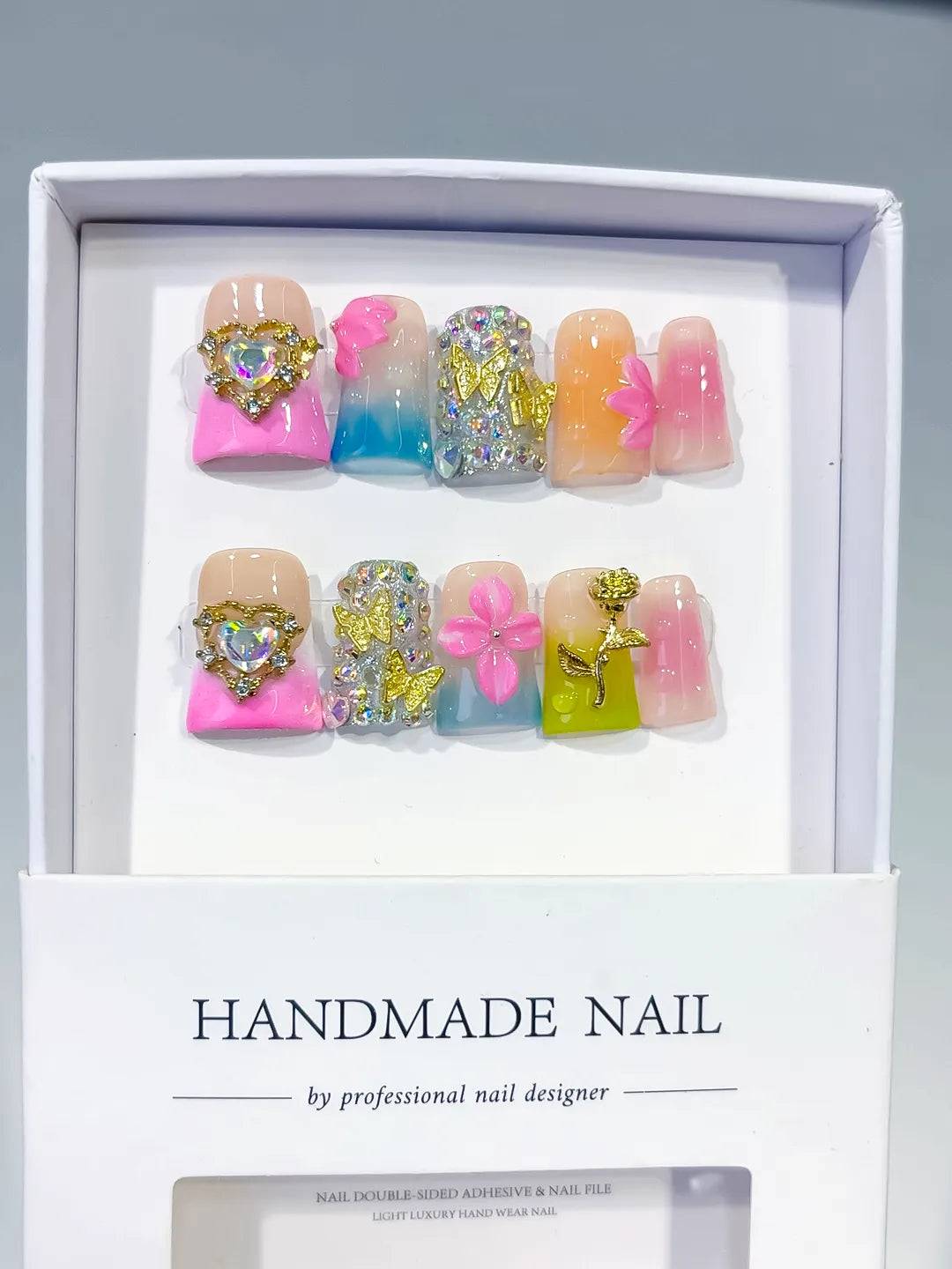 Nude Pink Blue Green Gold Silver Abstract Heart Flower Rose Rhinestone press on nails full set view