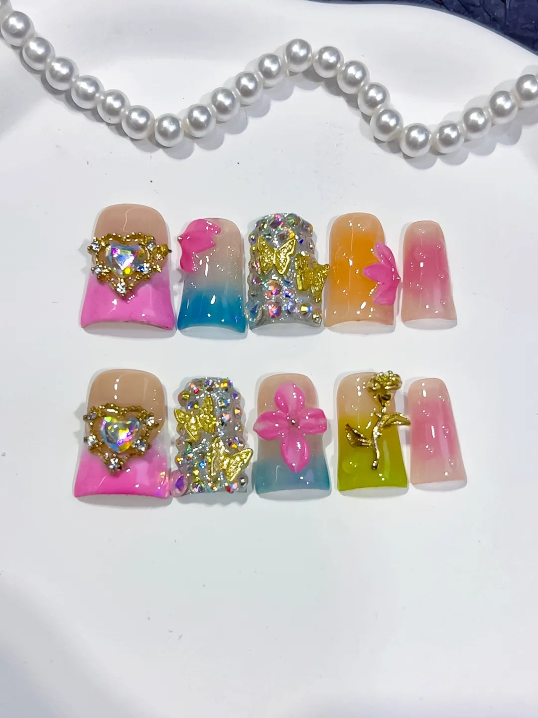 Nude Pink Blue Green Gold Silver Abstract Heart Flower Rose Rhinestone press on nails detail view