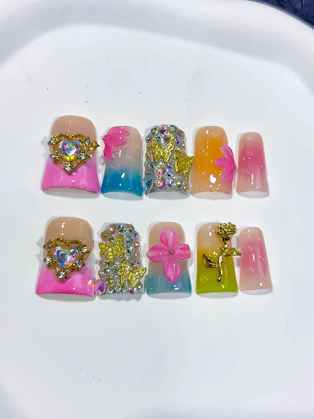 Nude Pink Blue Green Gold Silver Abstract Heart Flower Rose Rhinestone press on nails detail view