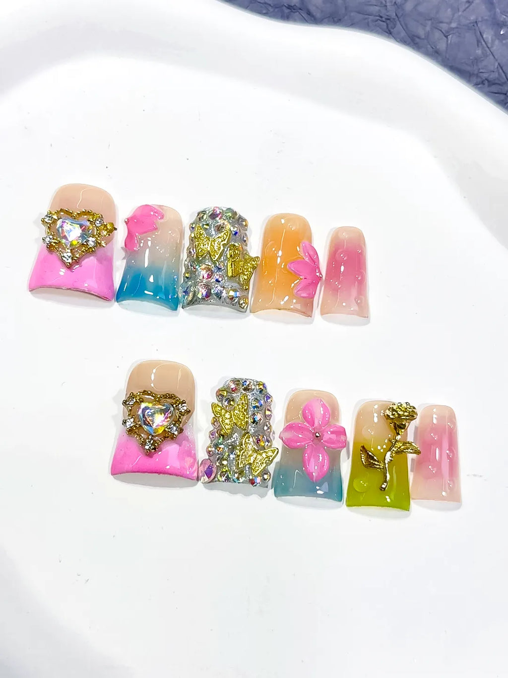 Nude Pink Blue Green Gold Silver Abstract Heart Flower Rose Rhinestone press on nails detail view