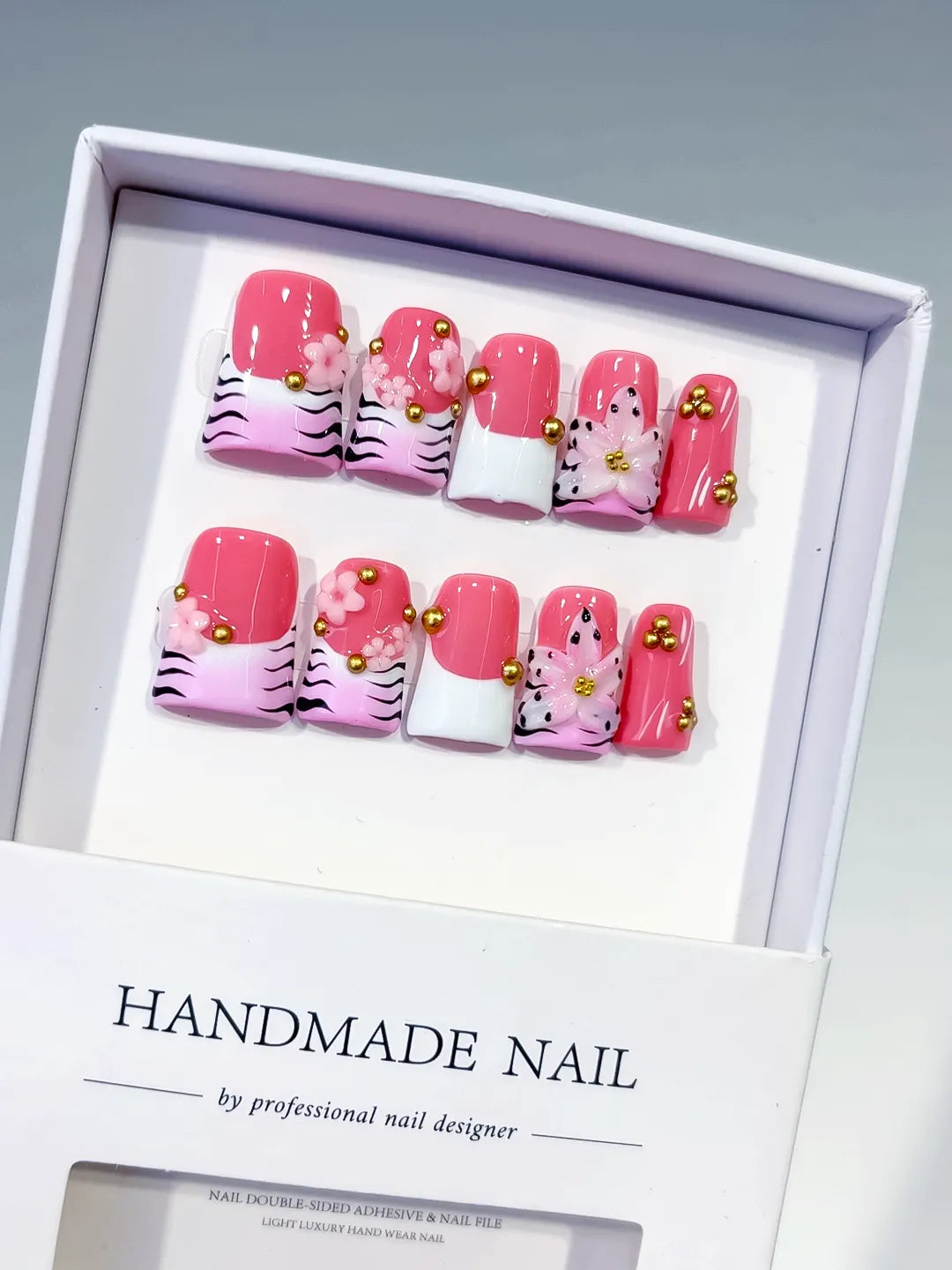 Pink White Black Gold Abstract Flower Animal Print Stud press on nails