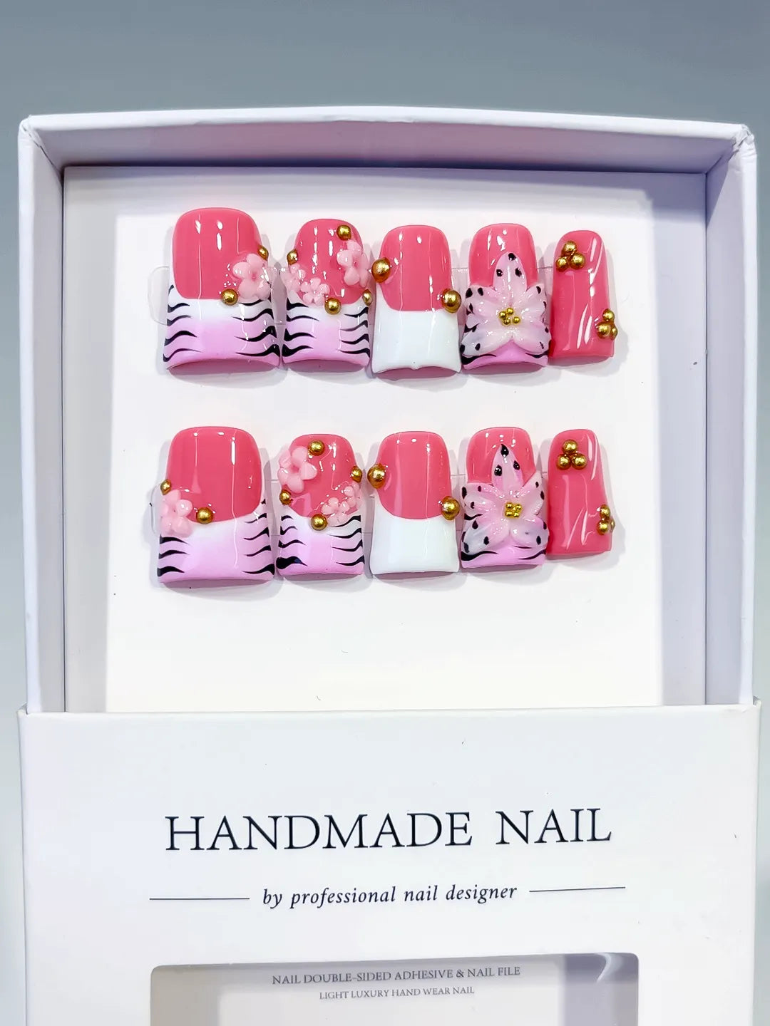 Pink White Black Gold Abstract Flower Animal Print Stud press on nails full set view