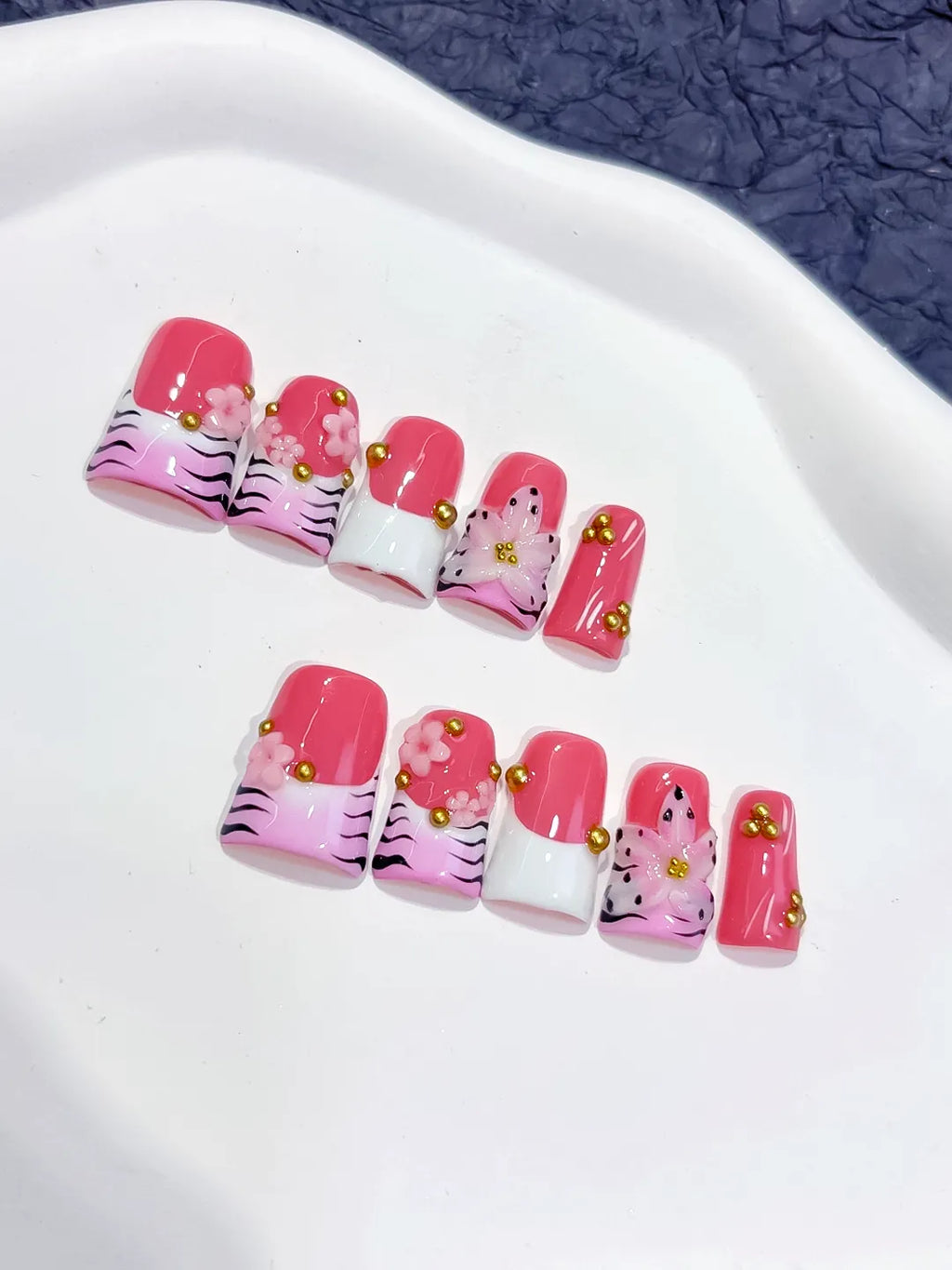 Pink White Black Gold Abstract Flower Animal Print Stud press on nails detail view