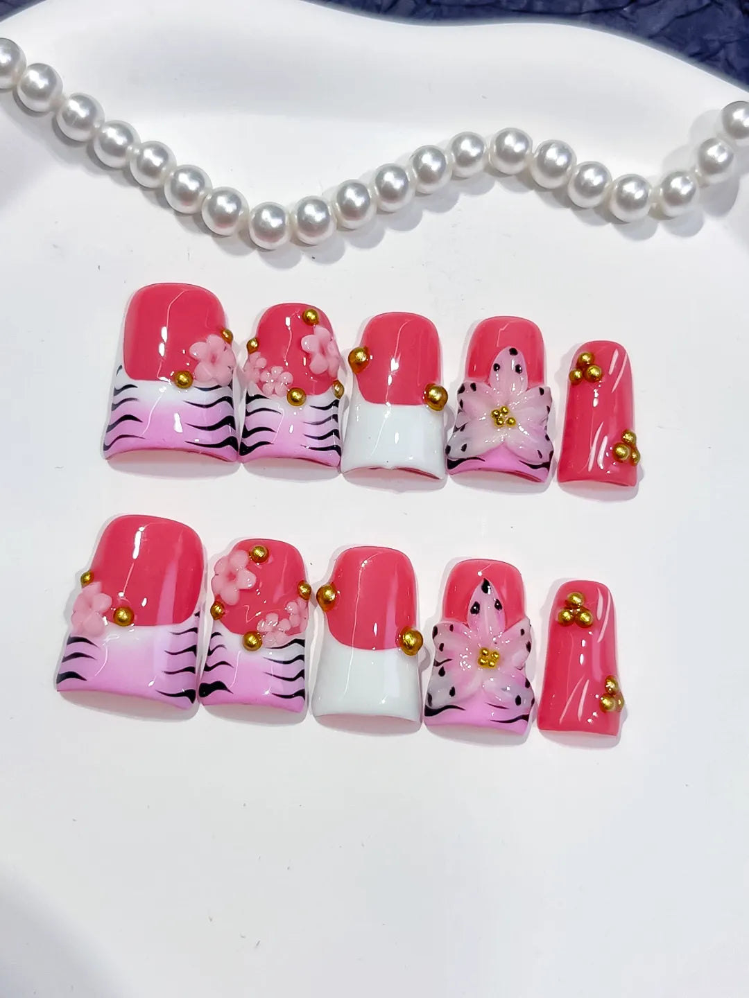 Pink White Black Gold Abstract Flower Animal Print Stud press on nails close up