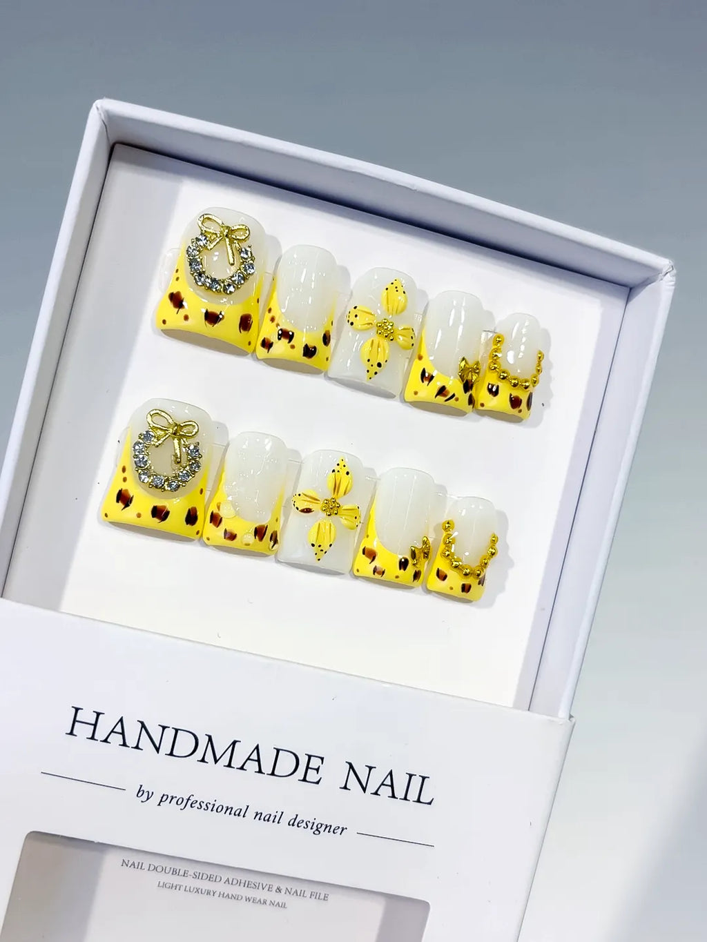 Yellow White Gold Black French tip Bow Heart Rhinestone press on nails