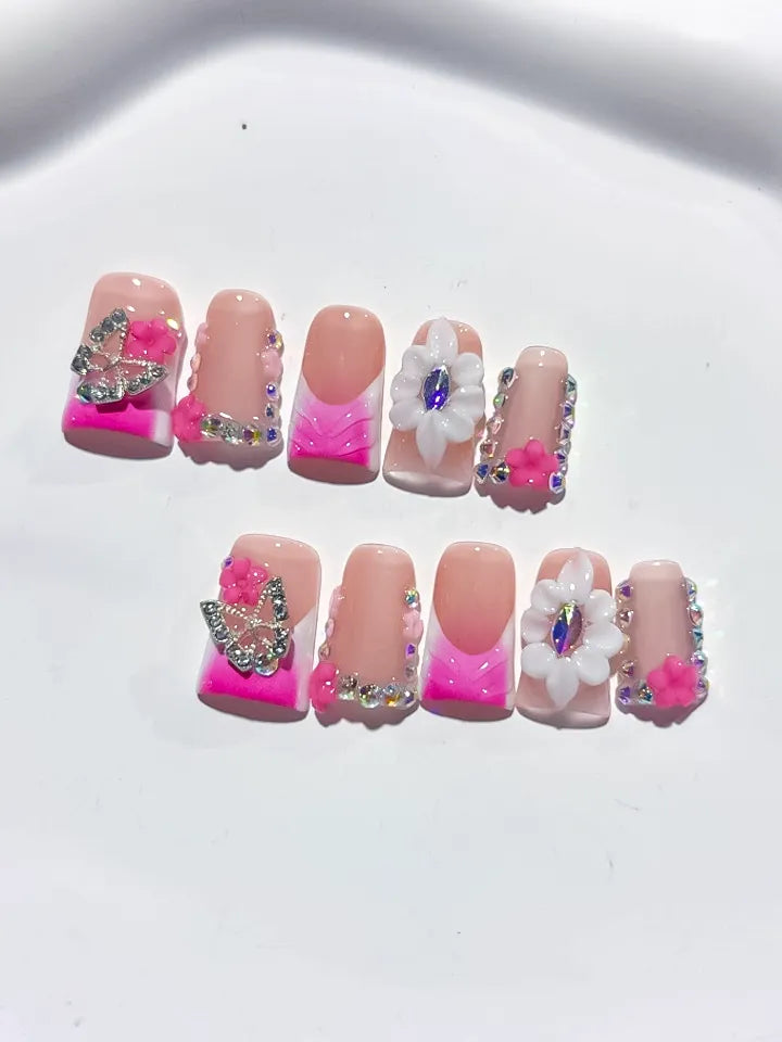 Nude Pink Gold Silver Abstract Flower Butterfly Rhinestone press on nails close up