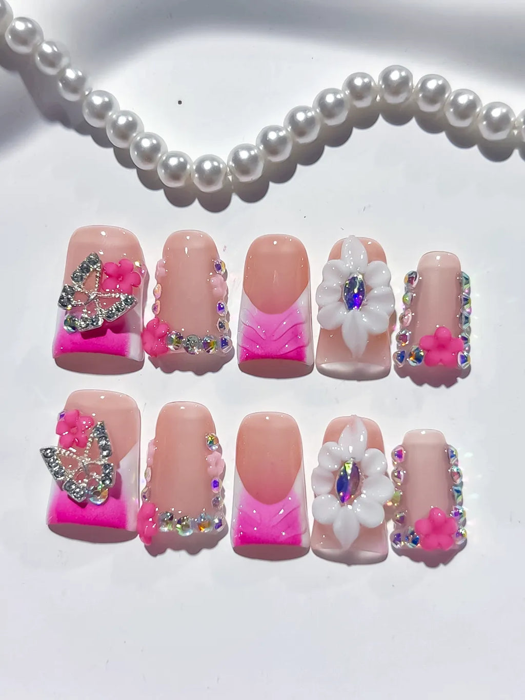 Nude Pink Gold Silver Abstract Flower Butterfly Rhinestone press on nails detail view