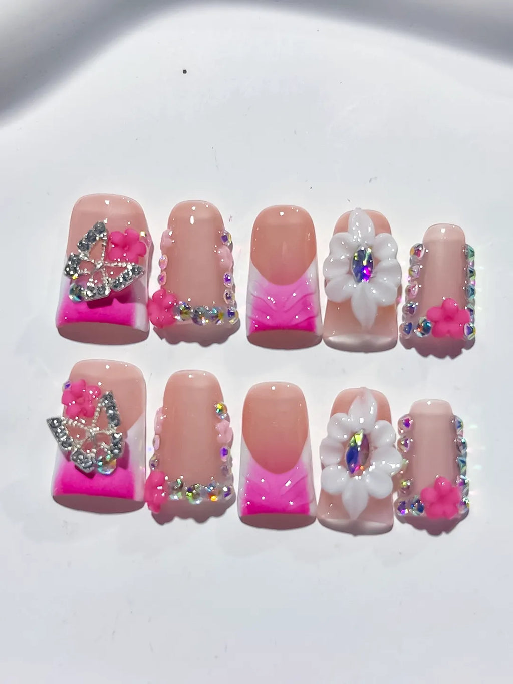 Nude Pink Gold Silver Abstract Flower Butterfly Rhinestone press on nails detail view