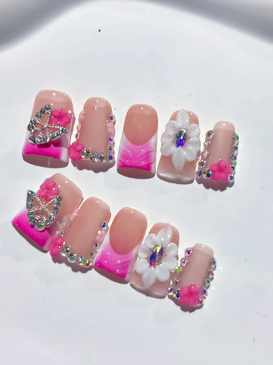 Nude Pink Gold Silver Abstract Flower Butterfly Rhinestone press on nails detail view