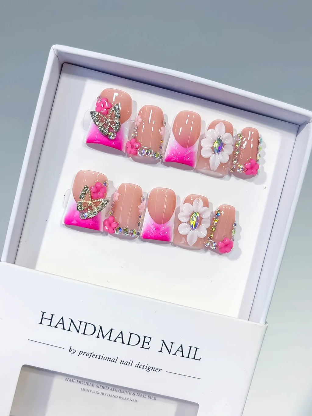 Nude Pink Gold Silver Abstract Flower Butterfly Rhinestone press on nails