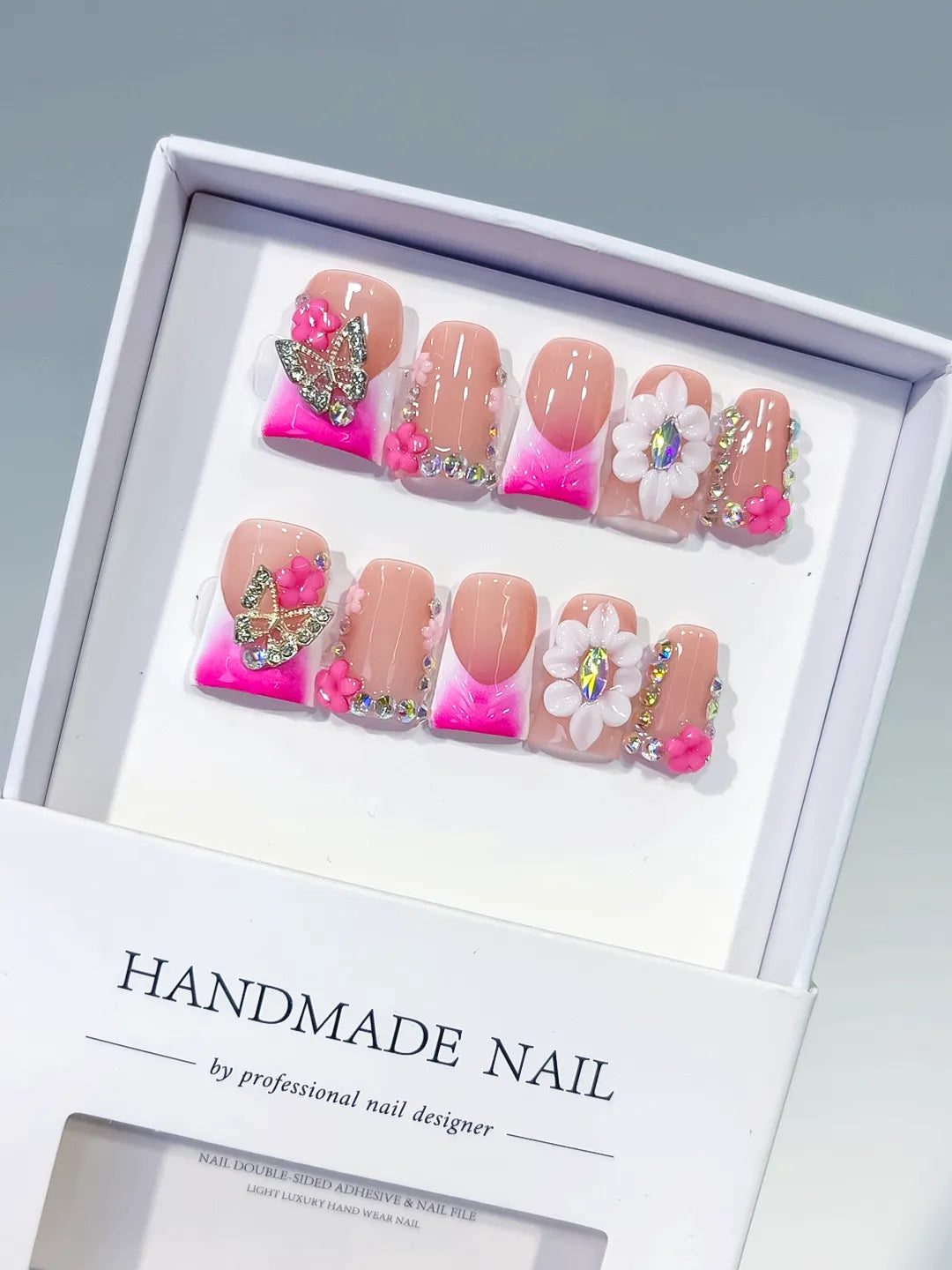 Nude Pink Gold Silver Abstract Flower Butterfly Rhinestone press on nails