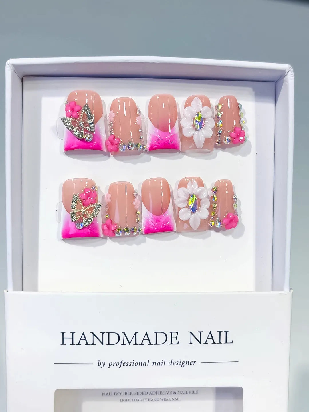 Nude Pink Gold Silver Abstract Flower Butterfly Rhinestone press on nails full set view