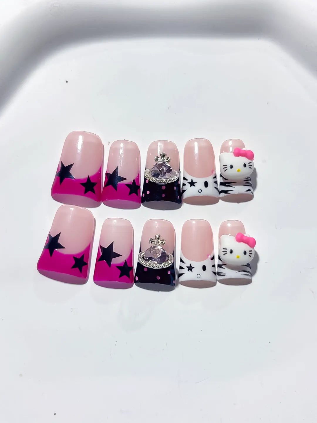 Pink White Black French tip Bow Hello Kitty 3D press on nails close up